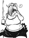 anthro big_breasts bottomwear breasts clothing container cup curvy_figure eyeliner female hair horn long_hair makeup mug shirt shorts slightly_chubby solo surprised_expression tail tank_top topwear voluptuous jamil_gonzalez mythology dragon lizard mythological_creature mythological_scalie reptile scalie