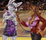 abs accessory anthro basketball big_breasts breasts brown_body brown_eyes brown_fur brown_hair bulge clothing court crowd duo_focus electronics female fur group hair headband imminent_sex jacket male microphone muscular muscular_male reporter topwear towel uniform white_body white_fur naughtyjester buck_hopper melissa_nipsy canid canine canis domestic_dog lagomorph leporid mammal rabbit tag_(disambiguation)