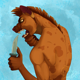 anthro blue_background brown_body fangs holding_knife holding_object knife male male_anthro markings mohawk open_mouth rear_view sharp_teeth shirtless shirtless_male simple_background solo spots spotted_body teeth tongue mrbarx hyena mammal 1:1 bust_portrait hi_res portrait