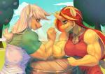 anthro arm_wrestling big_breasts breasts duo female horn muscular muscular_female outside bakki equestria_girls friendship_is_magic hasbro my_little_pony mythology applejack_(mlp) sunset_shimmer_(eg) equid equine mammal mythological_creature mythological_equine unicorn