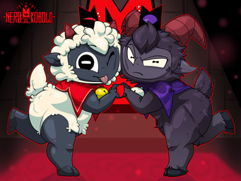 ambiguous_gender angry anthro bell bell_collar big_butt black_body black_eyes black_fur butt cape clothed clothing collar crown curly_hair curved_horn detailed_background duo eyebrow_through_hair eyebrows face_squish fingers fingers_together fur gold_bell hair hands_together hands_together_elbows_apart headgear headwear heart_symbol hooved_fingers hooves horizontal_pupils horn inside leg_back looking_at_viewer motion_lines multicolored_body narrowed_eyes neck_bell neckwear one_eye_closed one_leg_up pointy_ears pose posing_for_picture pupils purple_cape purple_clothing purple_eyes purple_neckwear purple_sclera raised_leg red_cape red_clothing red_eyes red_horn red_light red_neckwear red_sclera shaved_arms shaved_legs short_ears short_horn short_tail silver_bell_(object) slit_pupils small_horn smile spiky_hair squish stained_glass stained_glass_window striped_horn stripes tail tail_tuft temple thick_thighs tongue tongue_out topwear translucent translucent_hair tuft two_tone_body white_body white_fur white_pupils wide_eyed window window_light wool_(fur) wool_hair ner0_kobold cult_of_the_lamb massive_monster_(studio) goat_(cult_of_the_lamb) lamb_(cult_of_the_lamb) purple_crown_(cult_of_the_lamb) red_crown_(cult_of_the_lamb) animate_inanimate bovid caprine goat living_clothing living_hat mammal sheep 2026 4:3 cel_shading colored digital_drawing_(artwork) digital_media_(artwork) english_description hi_res shaded signature watermark
