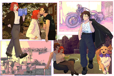 brown_hair clothing detailed_background female female/female hair jacket love motorcycle red_hair romantic romantic_couple school topwear university vehicle ambysweetdragon canid canine canis domestic_dog human mammal 2025 3:2 digital_drawing_(artwork) digital_media_(artwork) hi_res