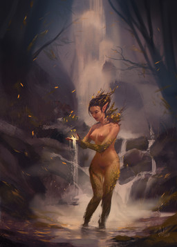 2_horns areola arms_bent black_hair breasts brown_horn female female_humanoid green_body hair hair_bun horn humanoid_pointy_ears leaf light nipples not_furry nude nude_female nude_humanoid outside partially_submerged pink_areola pink_nipples plant pointy_ears rock small_breasts solo standing tan_body tan_skin tree water waterfall alessandra_de_bernardis humanoid nymph 2022 absurd_res adobe_photoshop_(artwork) colored digital_media_(artwork) digital_painting_(artwork) english_description hi_res lighting painting_(artwork) shaded signature