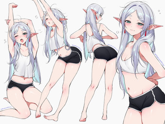 :3 bangs bare_legs bare_shoulders barefoot black_bottomwear black_clothing black_shorts blush blush_lines bottomwear breasts butt cleavage clothed clothing crop_top dolphin_shorts ear_piercing emanata eyes_closed feet female green_eyes group hair half-closed_eyes hands_behind_back hotpants humanoid_pointy_ears kneeling long_hair messy_hair midriff multiple_poses narrowed_eyes navel not_furry one_eye_closed open_mouth parted_bangs piercing pointy_ears pose raised_arms shirt shorts simple_background sitting small_breasts smile smiling_at_viewer standing stretching tank_top text tired topwear white_background white_clothing white_hair white_shirt white_tank_top white_topwear yawn yawning_position qiandaiyiyu frieren_beyond_journey's_end frieren elf humanoid digital_drawing_(artwork) digital_media_(artwork) full-length_portrait hi_res portrait url