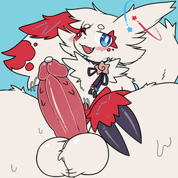 animal_genitalia animal_penis balls big_balls big_penis blush bodily_fluids claws erection feral fur genital_fluids genitals looking_at_viewer male markings one_eye_closed open_mouth penile penile_spines penis presenting simple_background smile solo sweat tail thick_thighs white_body white_fur wink fatal_dx sunspikevee nintendo pokemon asuka_(fatal_dx) fan_character generation_3_pokemon mammal pokemon_(species) zangoose digital_media_(artwork) hi_res
