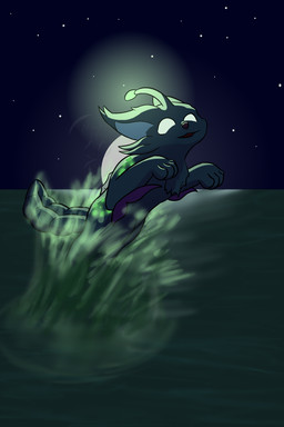 ambiguous_gender blue_body feral fin glowing glowing_markings green_markings jumping lure_(anatomy) markings night purple_markings quadruped star tail water whiskers white_eyes nachtklee failbetter_games fallen_london k'aazast lampcat 2:3 absurd_res hi_res nonbinary_(lore)