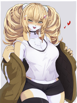 accessory anthro blonde_hair blush bodily_fluids bottomwear clothing countershading drill_curls female fur hair hair_accessory hairclip heart_symbol hotpants jacket kemono multicolored_body multicolored_fur pigtails shirt shorts solo sweat tank_top topwear two_tone_body two_tone_fur white_body white_fur yellow_body yellow_fur yonaga sani_yang's_laboratory kiwi_(sani_yang's_laboratory) canid canine felid fox hybrid lagomorph leporid mammal pantherine rabbit tiger 2026 3:4 hi_res