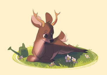 ambiguous_gender antlers feral flower fur grass hair horn multicolored_body multicolored_fur plant quadruped short_hair solo tail watering_can itsdanfango deer mammal 2019 absurd_res hi_res sketch