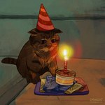 ambiguous_gender bag birthday can candle cat_food clothing container feral fire food fur hat headgear headwear party_hat pet_food solo tuft whiskers catwheezie real_world domestic_cat felid feline felis mammal 1:1 2020 absurd_res hi_res redraw signature