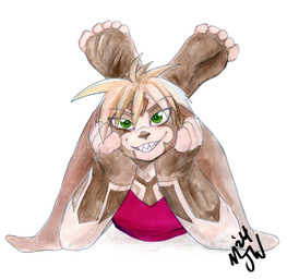 5_fingers 5_toes anthro barefoot big_ears biped blonde_hair brown_body brown_fur brown_soles clothing countershade_toes eyebrows eyeliner feet feet_up female fingerless_(marking) fingers foot_fetish foot_focus fur fur_markings green_eyes hair head_on_hands humanoid_feet looking_at_viewer lying makeup markings on_front pink_clothing pink_top pink_topwear plantigrade rabbit_ears sharp_teeth short_hair simple_background smile soles solo tan_toes teeth the_pose toeless_(marking) toes topwear white_background mjw_darkmode supercell_(comic) nazuret_kheilafi lagomorph leporid mammal rabbit 2024 absurd_res colored hi_res signature traditional_media_(artwork)