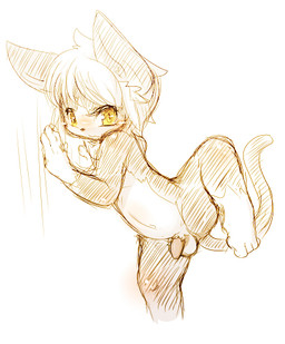 against_surface against_wall anthro balls embarrassed flaccid genitals hair looking_at_viewer male nude penis raised_leg shota simple_background solo tail white_hair yellow_eyes young young_anthro kimubota domestic_cat felid feline felis mammal digital_media_(artwork) low_res source_request unavailable_at_source