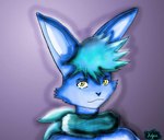 anthro blue_body clothed clothing fur hair looking_at_viewer male scarf simple_background smile solo yellow_eyes dvenadtsat_(character) sairu hare lagomorph leporid mammal rabbit digital_media_(artwork)