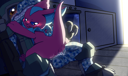 anthro armor balls balls_deep blue_body blue_eyes blue_scales blush bodily_fluids cum duo erection female genital_fluids genitals headgear helmet male male/female military on_lap penetration penis pink_body pink_scales scales sex soldier warrior yellow_eyes heibanhikaru bandai_namco digimon digimon_beatbreak commandramon digimon_(species) elizamon scalie absurd_res hi_res