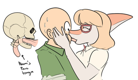 5_fingers anthro bald blonde_hair bodily_fluids bone bone_frill clothing deep_kiss duo eyes_closed eyewear female female_on_human fingers french_kissing frill_(anatomy) glasses green_clothing green_jacket green_topwear hair human_on_anthro interspecies jacket kissing light-skinned_male light_body light_skin male male/female male_on_anthro multicolored_body multicolored_scales orange_body orange_scales scales short_hair simple_background skeleton sweat sweatdrop text topwear two_tone_body two_tone_scales white_background white_body white_scales arsenic_iii cavemanon_studios goodbye_volcano_high ko_op_(game_developer) snoot_game anon_(snoot_game) naomi_(gvh) dinosaur hadrosaurid human mammal ornithischian ornithopod parasaurolophus prehistoric_species reptile scalie 2025 digital_drawing_(artwork) digital_media_(artwork) english_text hi_res