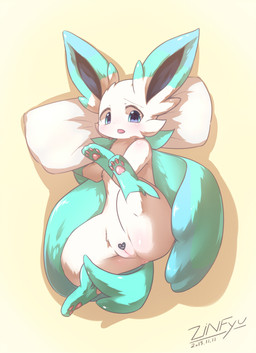 4_toes anus blush dipstick_ears ear_markings feet female feral fluffy fluffy_tail fur genitals green_body green_ears green_eyes green_fur green_paws green_tail heart_censor heart_symbol inviting looking_at_viewer lying multicolored_ears on_back on_pillow open_mouth pawpads pillow pink_pawpads plant simple_background snout solo spread_legs spreading tail tan_body tan_fur toes vulva zinfyu nintendo pokemon windia eeveelution elemental_creature flora_fauna generation_4_pokemon leafeon mammal pokemon_(species) 2015 censored digital_media_(artwork) hi_res shaded