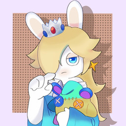 3_fingers anthro arms_bent blonde_hair blue_clothing blue_dress blue_eyes blue_pupils button_(fastener) closed_frown clothed clothed_anthro clothed_female clothing crown dress ear_piercing female female_anthro fingers frown frowning_at_viewer fur gem hair hair_over_eye half-closed_eyes headgear holding_object holding_plushie light long_ears long_hair looking_at_viewer mitten_hands mouth_closed multicolored_body narrowed_eyes noseless piercing plushie pupils purple_background ruby_(gem) sapphire_(gem) seam_(sewing) simple_background solo star_ear_piercing tan_eyelids tan_inner_ear two_tone_body white_body white_fur peypey_mei1925 mario_bros mario_plus_rabbids_sparks_of_hope nintendo raving_rabbids rayman_(series) ubisoft rabbid_rosalina lagomorph mammal rabbid 1:1 2023 colored crossover digital_drawing_(artwork) digital_media_(artwork) half-length_portrait lighting portrait shaded