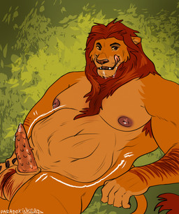 abdominal_bulge anthro anthrofied armpit_hair balls belly big_belly bodily_fluids body_hair brown_eyes erection fur genital_fluids genitals hair inverted_nipples licking licking_lips male male_pred mane muscular muscular_arms muscular_male nipples nude orange_body orange_fur penile_spines penis precum red_hair sharp_teeth struggling struggling_prey teeth tongue tongue_out vore yellow_sclera paradoxinhead disney the_lion_king simba_(the_lion_king) felid lion mammal pantherine hi_res
