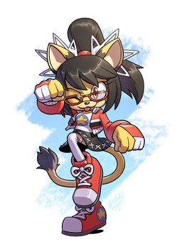 accessory alternate_costume anthro black_body black_fur black_hair bottomwear breasts clothed clothing eyelashes eyewear female fur glasses hair hair_accessory jacket long_socks one_eye_closed ponytail red_clothing shirt skirt smile solo t-shirt tail tail_under_skirt thin_calves thin_legs thin_thighs tongue tongue_out topwear wink yellow_body yellow_eyes yellow_fur evan_stanley sega sonic_the_fighters sonic_the_hedgehog_(series) honey_the_cat domestic_cat felid feline felis mammal absurd_res hi_res watermark