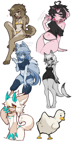 anthro anus biped breasts butt claws clothed clothed_anthro clothed_female clothing countershade_torso countershading dress feet female feral front_view fur group hair horn looking_at_viewer navel nude nude_anthro nude_female panties rear_view sitting smile standing tail teeth toes tongue underwear x_anus coffeechicken anatid anseriform aquatic avian bird canid canine canis duck fish mammal shark wolf 2026 absurd_res digital_drawing_(artwork) digital_media_(artwork) hi_res