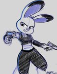 4_fingers action_pose anthro bottomwear clothing dual_wielding eyelashes female fingers gun handgun holding_object holding_weapon looking_at_viewer open_mouth pants police police_uniform pose ranged_weapon simple_background solo teeth uniform weapon white_background hthfp disney zootopia judy_hopps lagomorph leporid mammal rabbit 2018 absurd_res hi_res signature sketch