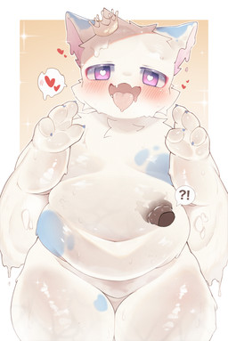 4_fingers anthro anthro_focus belly biped blue_body blue_claws blue_ears blue_markings blue_skin blush blush_lines blush_symbol cheek_tuft claws crown cute_fangs disembodied_hand drip_effect dripping_speech_bubble duo ear_markings facial_tuft fangs featureless_crotch finger_claws fingers front_view fur glistening glistening_belly glistening_body glistening_skin headgear heart_(marking) heart_pupils heart_reaction heart_symbol hearts_around_head humanoid_hands interrobang kemono looking_at_viewer looking_pleasured male male_anthro male_focus markings multicolored_body multicolored_ears multicolored_skin navel nude nude_anthro nude_male open_mouth open_smile partially_inside pink_eyes pink_inner_ear simple_background slightly_chubby slightly_chubby_anthro slightly_chubby_male small_claws smile solo_focus sparkles speech_bubble standing teeth thick_thighs tongue tongue_out tuft wet white_body white_ears white_fur white_skin yellow_background sini_2525 domestic_cat felid feline felis goo_creature mammal 2025 absurd_res colored digital_media_(artwork) hi_res pictographics portrait shaded three-quarter_portrait
