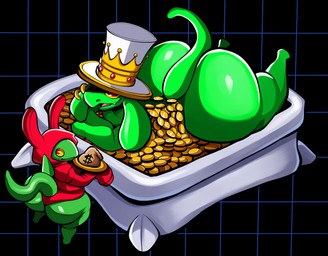 anthro bathing bathtub big_butt butt claw_foot_bathtub clothing coin crown duo ear_piercing ear_ring floppy_ears gold_(metal) hat headgear headwear male male/male money nude piercing red_eyes ring_piercing shortstack shortstack_male smile top_hat wealthy yellow_sclera doeswhatever kings_of_hell mammon_(kings_of_hell) goblin hi_res