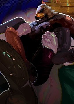 anthro balls beak big_balls big_penis bodily_fluids brown_body brown_feathers carrying_another circumcised duo erection feathers genital_fluids genitals half-closed_eyes humanoid_genitalia humanoid_penis imminent_sex leaking_precum male male/male mouth_closed muscular muscular_anthro muscular_male narrowed_eyes penis precum vein veiny_penis yellow_eyes notshutlog elden_ring elden_ring_nightreign fromsoftware guardian_(nightreign) accipitrid accipitriform avian bird 2025 english_description hi_res
