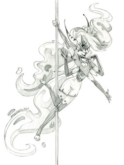 3_toes 4_arms 4_fingers anthro bottomwear clothed clothing dancing feet female fingers fur holding_object holding_pole looking_down multi_arm multi_limb open_mouth pole pole_dancing shirt shorts smile solo toes topwear baron_engel hellaverse helluva_boss queen_bee-lzebub_(helluva_boss) arthropod bee canid canine fox hybrid hymenopteran insect mammal 2023 graphite_(artwork) greyscale hi_res monochrome signature traditional_media_(artwork)