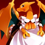 3_claws ambiguous_gender blue_body blush claws clothing fangs feral gradient_background grey_eyes licking licking_lips long_neck looking_at_viewer maid_uniform orange_body simple_background solo teeth tongue tongue_out uniform wings biozs nintendo pokemon charizard generation_1_pokemon pokemon_(species) 1:1 2020 digital_drawing_(artwork) digital_media_(artwork) hi_res signature