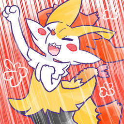 ambiguous_anthro ambiguous_gender anthro biped blush blush_stickers dipstick_tail eyes_closed fist_pump food front_view markings object_in_tail open_:3 open_mouth open_smile sharp_teeth shrimp_(food) simple_background smile solo tail tail_markings teeth annyui0611 nintendo pokemon braixen canid generation_6_pokemon mammal pokemon_(species) 1:1 2024 digital_drawing_(artwork) digital_media_(artwork) hi_res japanese_description portrait three-quarter_portrait translated_description