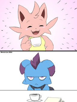 ambiguous_gender anthro beverage blue_body container cup duo eyes_closed grumpy happy holding_container holding_cup holding_object looking_at_viewer paper pink_body simple_background text white_background winick-lim palworld pocketpair cattiva depresso pal_(species) 2024 3:4 artist_name hi_res