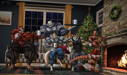 anthro big_muscles clothing group holding_object holidays huge_muscles hyper hyper_muscles inside male muscular muscular_male size_difference striated_muscles tight_clothing joakimthefzl christmas canid canine fox lagomorph leporid mammal mink mustelid musteline otter rabbit true_musteline weasel hi_res