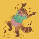 2024 aneryon anthro biped brown_body clothing dancing eyes_closed hi_res male mammal musical_note open_mouth procyonid raccoon rascal_(robot_dreams) robot_dreams shirt simple_background slightly_chubby solo topwear