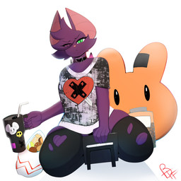 5_fingers anthro beverage choker clothed clothing container cup cute_fangs drinking_glass facial_tuft fangs female fingers fur glass glass_container glass_cup green_eyes grocery_bag hair hair_over_eye heart_choker holding_beverage holding_container holding_cup holding_object jar jewelry kneeling legwear looking_at_viewer necklace panties plushie pupils purple_body purple_fur shirt simple_background slit_pupils solo stockings t-shirt tablet tablet_pen teeth thick_thighs topwear torn_clothing torn_legwear torn_stockings tuft tumbler underwear white_background wings blazethefox lacy_(blazethefox) bat mammal 1:1 2026 absurd_res hi_res signature
