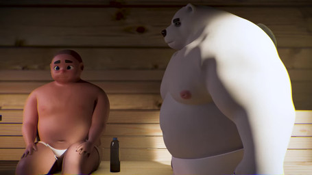 anthro barazoku belly black_eyes male male/male navel nipples overweight overweight_anthro overweight_male sauna sexual_tension towel wiggle biidox bear human mammal polar_bear ursine 16:9 3d_(artwork) 3d_animation animated digital_media_(artwork) hi_res short_playtime sound video widescreen