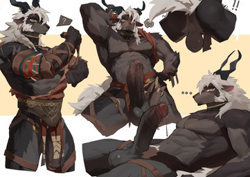 anthro anus balls big_balls big_penis bodily_fluids bottomwear clothing erection foreskin genital_fluids genitals group hair humanoid_genitalia humanoid_penis loincloth looking_at_viewer male multiple_poses muscular muscular_anthro muscular_male penis pose precum question_mark scar solo tail trio white_hair yellow_eyes sohungr599123 afk_arena afk_journey lilith_games nazrik_(afk_journey) bovid caprine goat mammal markhor 2026 absurd_res hi_res
