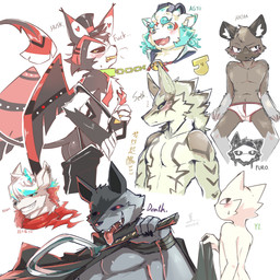 angry annoyed anthro arm_support athletic bangs bell black_body black_fur black_sclera blue_eyes blush bodily_fluids bottomwear bottomwear_down brown_body brown_fur bulge butt casual_nudity chain chain_leash cheek_tuft claws clenched_teeth cloak clothed clothing collar dialogue dripping ear_piercing ear_tuft facial_markings facial_tuft feathered_wings feathers fur fuzzy glowing glowing_eyes green_body green_eyes green_fur grey_body grey_fur grin group half-closed_eyes hat head_markings head_tuft headgear headwear heart_(marking) holding_clothing holding_object holding_weapon kanmuri_(headwear) leaning leaning_backward leash leashed_collar licking_weapon looking_at_viewer looking_away looking_back male markings mask_(marking) multicolored_body multicolored_fur narrowed_eyes nude open_mouth open_smile pants pants_down pantsless partially_clothed piercing pointy_ears prick_ears profanity red_eyes saliva saliva_string scarf shy sickle simple_background sitting smile standing sweat sweatdrop tail teeth text tongue tongue_out top_hat topless tuft underwear underwear_only weapon white_background white_body white_fur wings wraps wrist_wraps yellow_eyes bananana8729 aggretsuko asian_mythology changed_(video_game) dreamworks east_asian_mythology hazbin_hotel hellaverse japanese_mythology lifewonders mythology nine_sols puss_in_boots_(franchise) red_candle_games sanrio tokyo_afterschool_summoners agyo_(tas) death_(puss_in_boots) haida_(aggretsuko) husk_(hazbin_hotel) puro_(changed) seth_(tas) yi_(nine_sols) canid canine canis demon domestic_cat felid feline felis foo_dog goo_creature hyena komainu mammal spotted_hyena wolf yokai 1:1 absurd_res character_request crossover hi_res multiple_images multiple_scenes