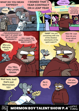 angry anthro argument beak bench blue_body blue_fur bottomwear brown_body brown_bottomwear brown_clothing brown_fur brown_pants buckteeth clock clothed clothed_anthro clothed_male clothing color_coded color_coded_speech_bubble duo embarrassed freckled_face freckles fully_clothed fully_clothed_anthro fully_clothed_male fur group hoodie horn illusion insane insect_wings jacket khaki_pants khakis magic magic_user male mormon pants red_clothing red_hoodie red_jacket red_topwear satanism shirt slime snapping_fingers speech_bubble teeth text topwear unicorn_horn watch white_clothing white_shirt white_topwear wings wristwatch yelling yellow_beak happyroadkill task_dragons grothgar_(task_dragons) isaiah_the_mormon_mouse orin_owl avian bird canid canine canis cyclops domestic_dog fairy mammal mouse murid murine owl rodent 2026 absurd_res comic english_text hi_res multiple_scenes