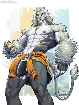 abs anthro biped black_body black_fur bodily_fluids bulge claws clothed clothing detailed_bulge finger_claws fingerpads fluffy_arms fur genital_fluids grey_body grey_fur grey_hair hair male multicolored_body multicolored_fur multicolored_hair muscular muscular_anthro muscular_male nipples pawpads pecs precum precum_through_clothing solo tail tail_tuft topless topless_anthro topless_male tuft two_tone_hair wet wet_clothing white_body white_fur white_hair amon-sydonai mihoyo zenless_zone_zero banyue_(zenless_zone_zero) felid lion mammal pantherine 2026 3:4 digital_media_(artwork) hi_res