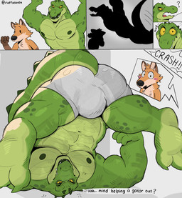 anthro bulge clothed clothing dialogue duo humor lewd_humor male nipples question_mark simple_background speech_bubble text topless underwear ruffusbleu johnny_the_alli-gay-tor alligator alligatorid canid canine crocodilian fox mammal reptile scalie comic english_text hi_res