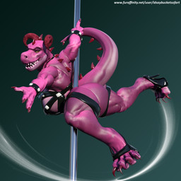 anthro clothing female footwear high_heels muscular muscular_anthro muscular_female pole shoes solo stripper_pole text idsaybucketsofart adult_swim cartoon_network rick_and_morty interstellar_demon_stripper dinosaur prehistoric_species reptile scalie 1:1 3d_(artwork) digital_media_(artwork) hi_res url