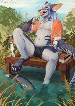 anthro arm_tattoo big_ears black_nails black_striped_tail bottomwear candy clothed clothing colored_nails dessert ear_piercing ear_ring food foot_in_water forest_background grey_body hair knife licking licking_ice_cream licking_lollipop lollipop male nails open_bottomwear open_clothing open_shirt open_shorts open_topwear orange_clothing orange_shirt orange_tongue orange_topwear pants piercing red_eyes ring_piercing shark_tail shirt shorts solo sushi tattoo tongue topwear water_background wet_paw white_hair skwerna_timido aquatic felid feline fish hybrid mammal shark hi_res
