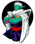 belt big_ears border bottomwear cape clothed clothing crossed_arms green_body green_skin headgear headwear humanoid_pointy_ears male not_furry pants pointy_ears religious_clothing religious_headwear shirt solo topwear turban white_border wristband kokusoji dragon_ball piccolo alien humanoid namekian 4:5 signature