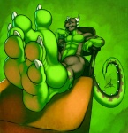 3_toes abs anthro barefoot biceps big_muscles biped black_body black_skin chair claws crossed_ankles crossed_legs fangs feet feet_on_ottoman foot_focus furniture green_body green_eyes green_skin hand_on_face hindpaw horn leg_markings looking_at_viewer male markings multicolored_body multicolored_skin muscular muscular_anthro muscular_male navel nude open_mouth paws pecs perspective plantigrade pose scales sitting smile socks_(marking) soles solo spikes tail teasing teeth toe_claws toes two_tone_body two_tone_skin modem_redpill mythology tegon_(dsc85) dragon mythological_creature mythological_scalie reptile scalie 2013 green_theme hi_res