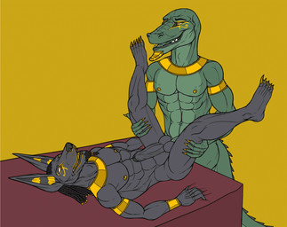 abdominal_bulge anal anal_penetration anthro anthro_on_anthro anthro_penetrated anthro_penetrating anthro_penetrating_anthro balls barefoot black_body black_fur bodily_fluids bouncing_balls bouncing_penis clothing cum cum_in_ass cum_inflation cum_inside duo egyptian egyptian_clothing erection feet from_front_position fur genital_fluids genitals green_body green_scales humanoid_genitalia humanoid_penis inflation interspecies male male/male male_penetrated male_penetrating male_penetrating_male muscular muscular_anthro muscular_male nude penetration penile penile_penetration penis penis_in_ass scales sex smile anubianoddity egyptian_mythology middle_eastern_mythology mythology anubis sobek anubian_jackal canid canine canis crocodile crocodilian deity jackal mammal reptile scalie 2d_animation animated digital_media_(artwork) frame_by_frame loop