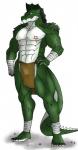 abs anthro athletic bandage biceps big_muscles biped bottomwear bulge claws clothed clothing front_view green_body green_scales green_skin grin hand_on_hip horn loincloth looking_at_viewer male muscular muscular_anthro muscular_male pecs pose scales simple_background smile solo standing tattoo toe_claws topless white_background white_body white_skin hentist everquest ssvanti iksar reptile scalie 2013