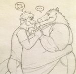 anthro belly belly_press big_belly duo eye_contact heart_symbol hug looking_at_another male male/male overweight overweight_anthro overweight_male size_difference smaller_male smile speech_bubble tail eon54 mythology cody_(swatthefox) jagged_(eon54) crocodile crocodilian dragon mythological_creature mythological_scalie reptile scalie hi_res traditional_media_(artwork)