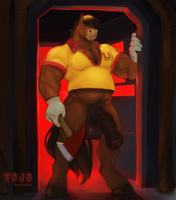 animal_genitalia animal_penis anthro axe balls belly biceps big_balls big_penis black_balls black_hair black_hooves black_penis blue_eyes bottomless bottomless_anthro bottomless_male brown_body brown_fur clothed clothing doorway equine_genitalia equine_penis fire_axe fur genitals gloves hair half-erect handwear hat headgear headwear hooves in_doorway male medial_ring muscular muscular_anthro muscular_male pantsless penis shirt solo tail topwear uniform yellow_clothing yellow_hat yellow_headwear yellow_shirt yellow_topwear conditional_dnp tojo_the_thief mouthwashing_(game) polle_(mouthwashing) equid equine horse mammal hi_res signature