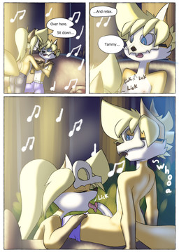 anthro anthro_on_anthro blonde_hair blue_eyes duo female genitals glans hair humanoid_genitalia humanoid_penis intraspecies male male/female musical_note musical_symbol penis speech_bubble symbol tail text young young_anthro young_female young_male young_on_young galo tammy_(tycloud) tycloud canid canine fox mammal absurd_res comic english_text hi_res cousins_(lore) incest_(lore)