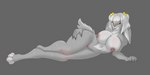 anthro big_breasts breasts claws duo female fur genitals grey_body hair long_ears looking_at_another looking_at_viewer lying nipples nude on_side one_eye_closed pussy short_tail simple_background smile solo tail white_hair wink yellow_eyes foxgumie kaede_(milkbrew) lagomorph leporid mammal rabbit 2:1 hi_res